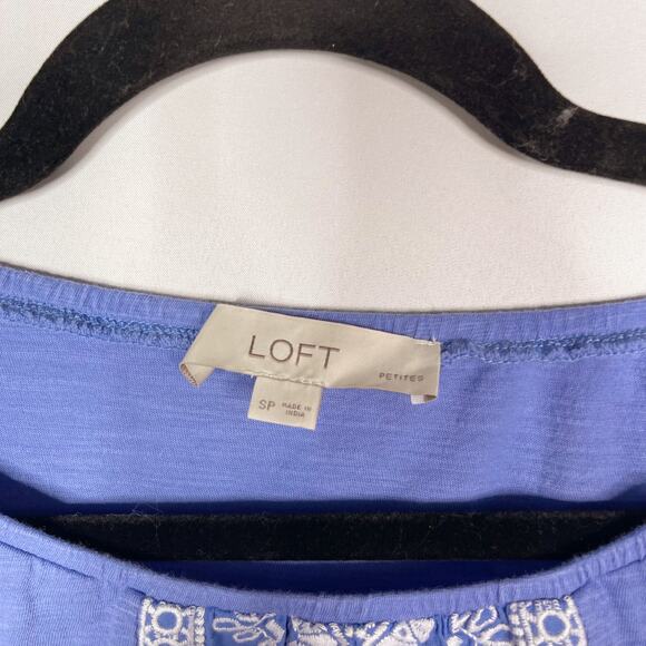 LOFT SP Small Petite Blue White Eyelet Embroidered Short Sleeve Top Boho Cotton - Picture 5 of 8